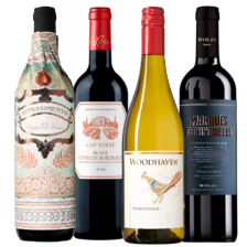 Appasimento Puglia rosso, Woodhaven chardonnay, Marques de Pintueles tempranillo, Cap Ferré bordeaux of Girovago spumante